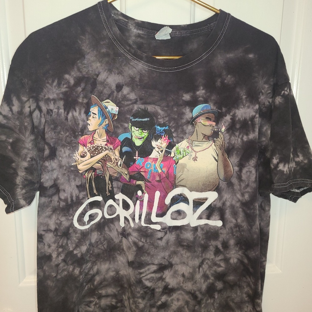 GORILLAZ Black Tie-Dye T-Shirt Fruit of the Loom HD Cotton - Size Large